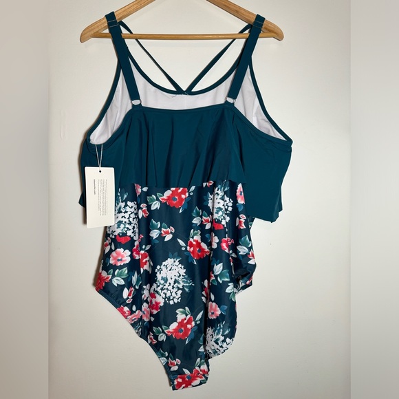 BLOOMCHIC Sz 22 green floral overlay sculpt one piece swim suit NWT 0B2 - Picture 6 of 9